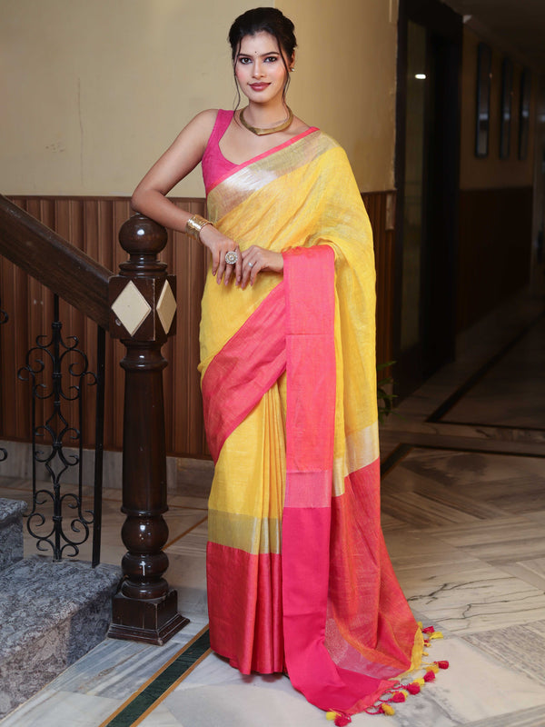 Banarasee Handloom Pure Linen Shine Saree-Yellow & Pink