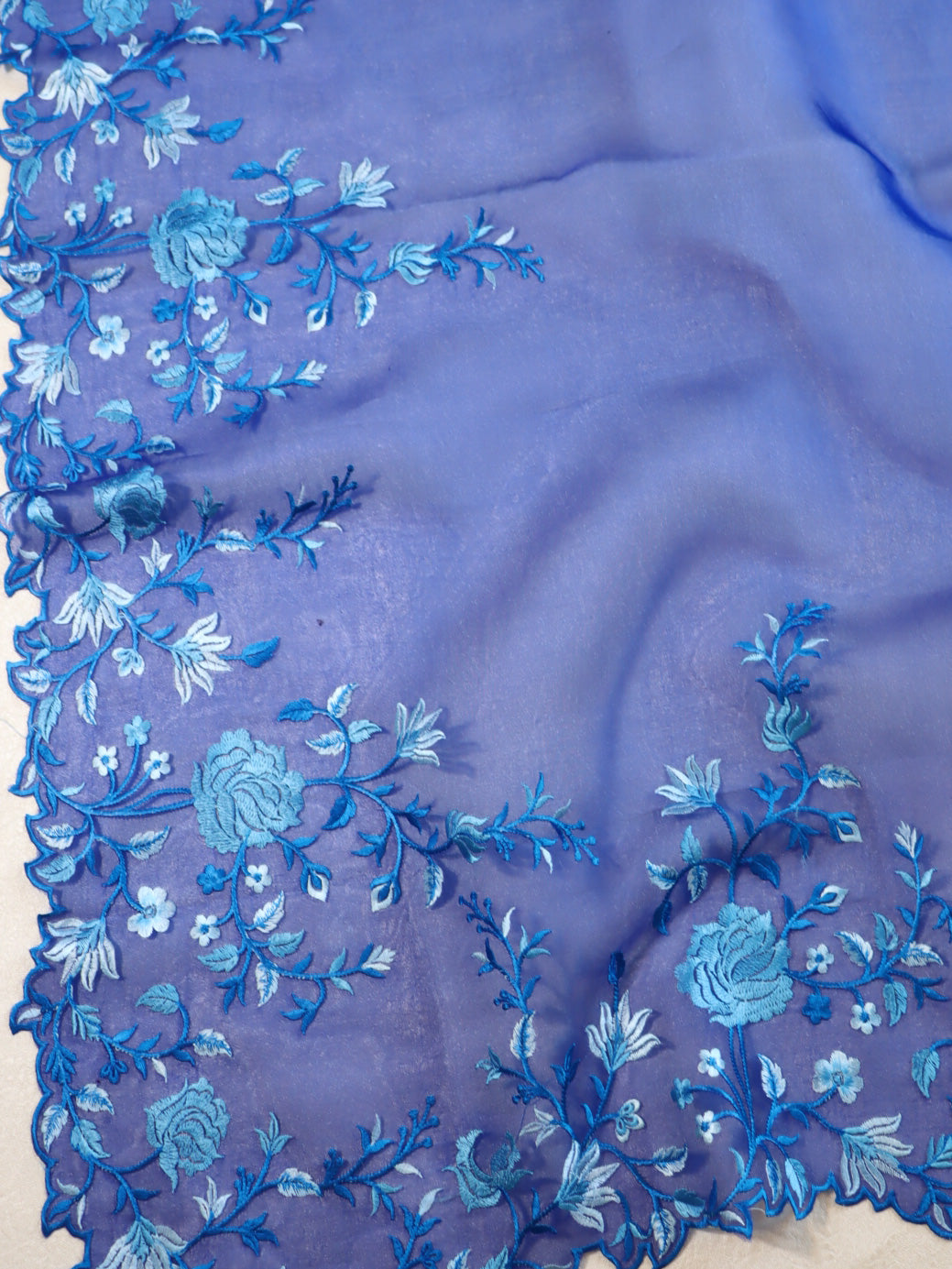 Banarasee Pure Organza Silk Saree With Floral Resham Embroidery-Royal Blue