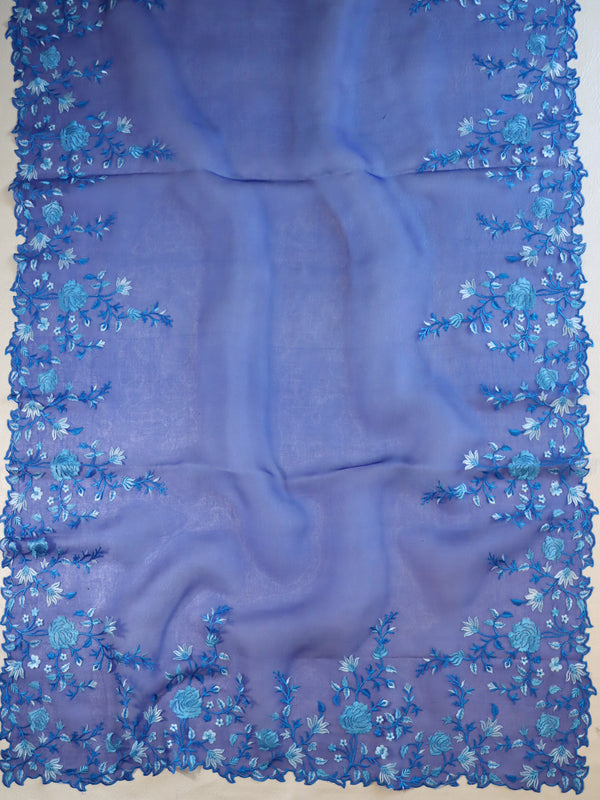 Banarasee Pure Organza Silk Saree With Floral Resham Embroidery-Royal Blue