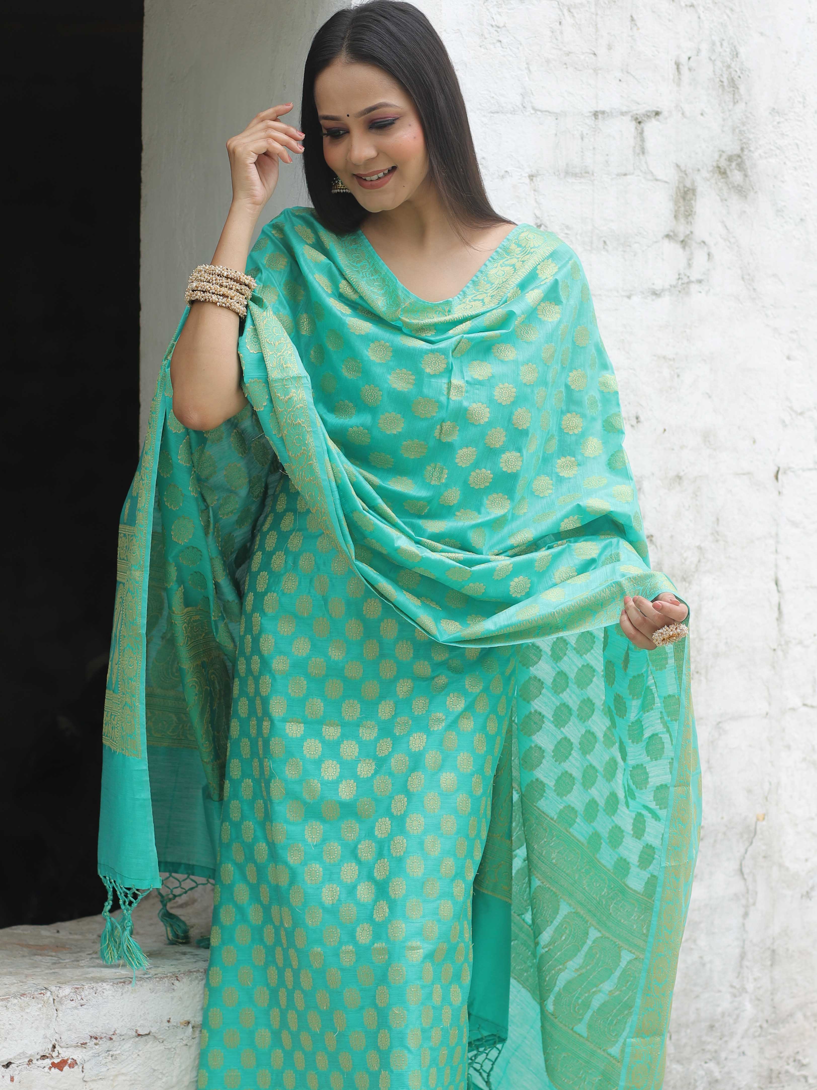 Banarasee Cotton Silk Zari Woven Salwar Kameez Dupatta Set-Sea Green