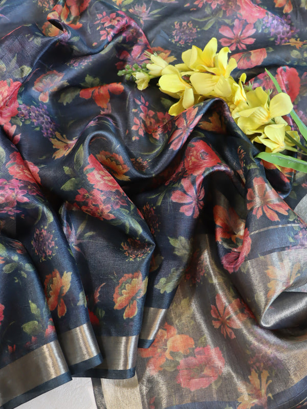 Banarasee Pure Tussar Silk Saree With Digital Print & Zari Border-Grey