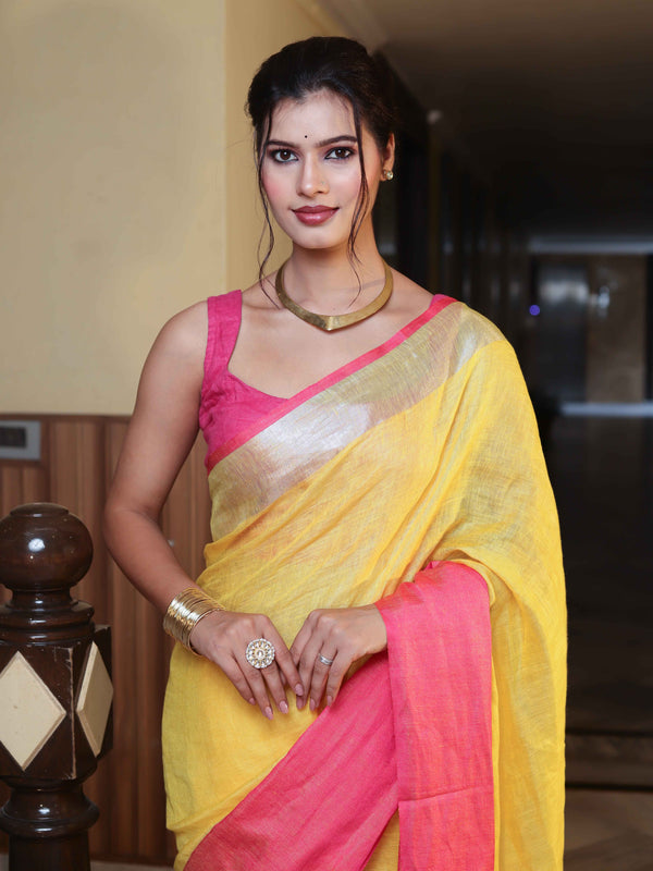 Banarasee Handloom Pure Linen Shine Saree-Yellow & Pink