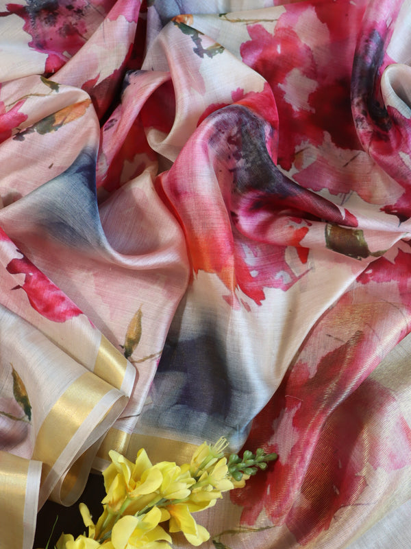 Banarasee Pure Tussar Silk Saree With Digital Print & Zari Border-Grey