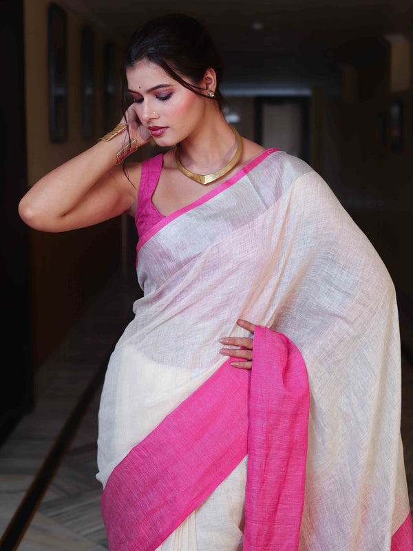 Banarasee Handloom Pure Linen Shine Saree-White & Light Pink