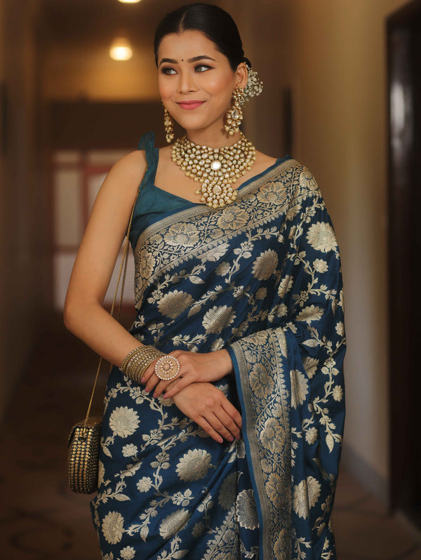 Banarasee Semi-Katan Zari Jaal Saree-Cobalt Blue