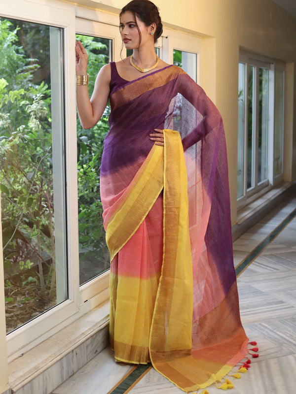 Banarasee Handloom Pure Linen Shine Saree-Multicolor