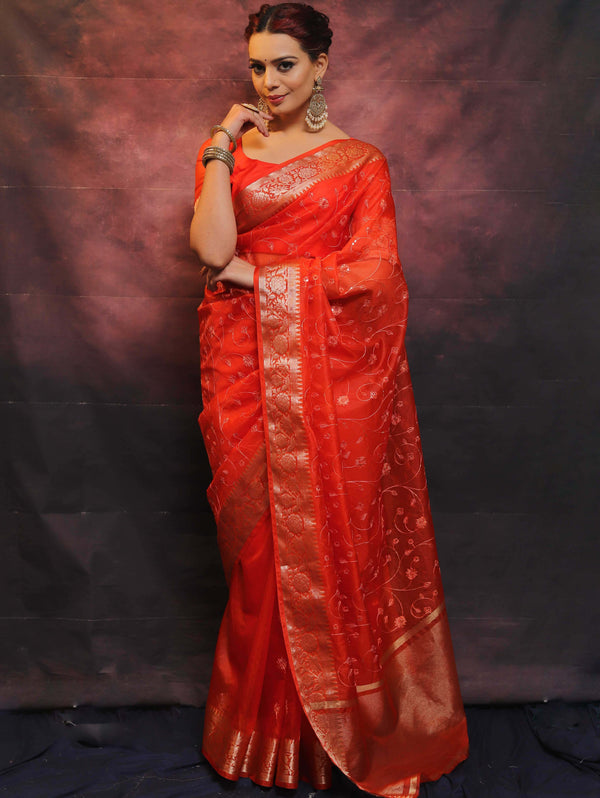 Banarasee Organza Floral Embroidery Sequin Work Saree-Orange