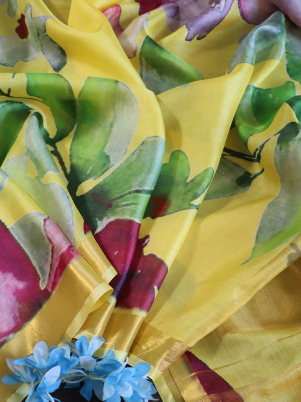 Banarasee Pure Tussar Silk Saree With Digital Print & Zari Border-Yellow