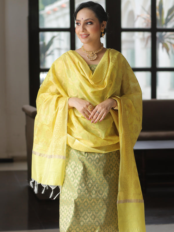 Banarasee Chanderi Cotton Salwar Kameez Fabric With Antique Zari & Contrast Dupatta-Green & Yellow