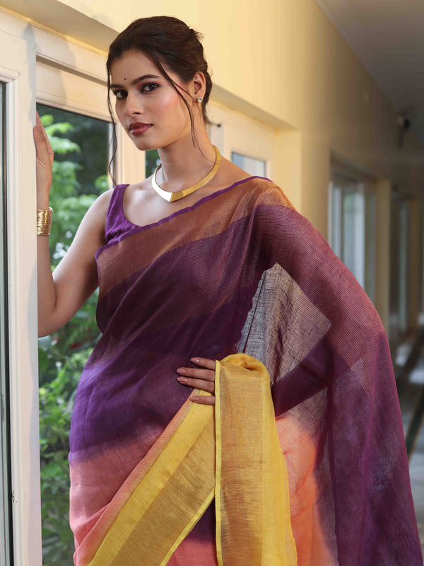 Banarasee Handloom Pure Linen Shine Saree-Multicolor