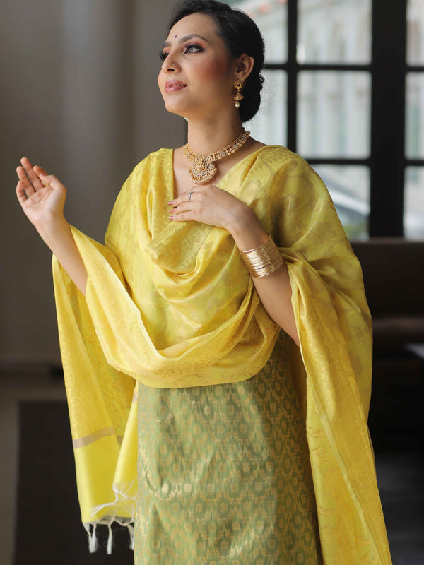Banarasee Chanderi Cotton Salwar Kameez Fabric With Antique Zari & Contrast Dupatta-Green & Yellow