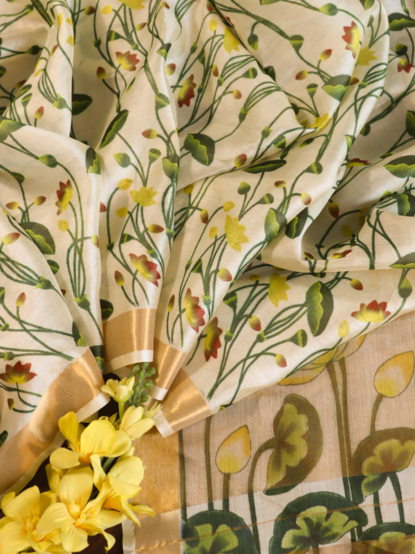 Banarasee Pure Tussar Silk Saree With Digital Print & Zari Border-Cream