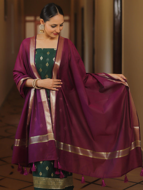 Banarasee Cotton Silk Zari Work Salwar Kameez Fabric With Plain Contrast Dupatta-Green & Magenta