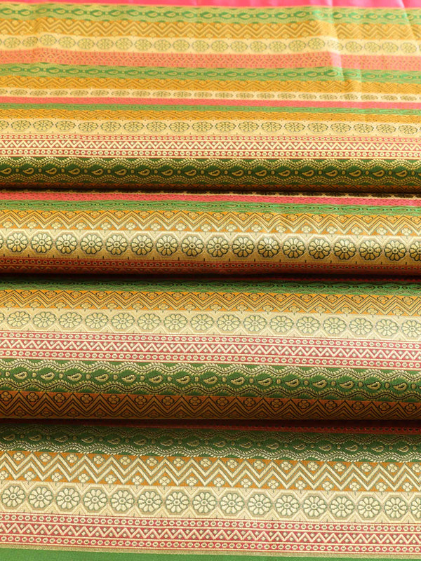 Banarasee Satin Brocade Stripes Design Fabric-Multicolor