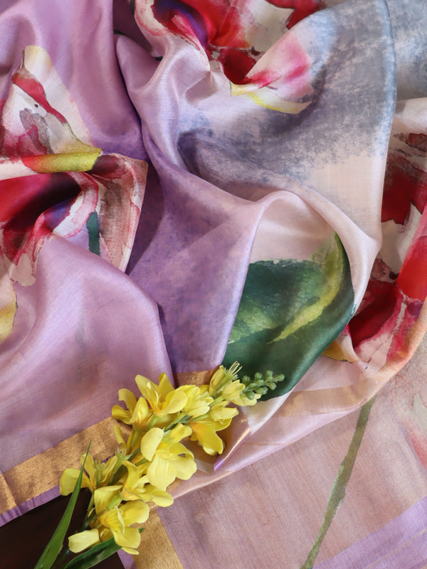 Banarasee Pure Tussar Silk Saree With Digital Print & Zari Border-Purple