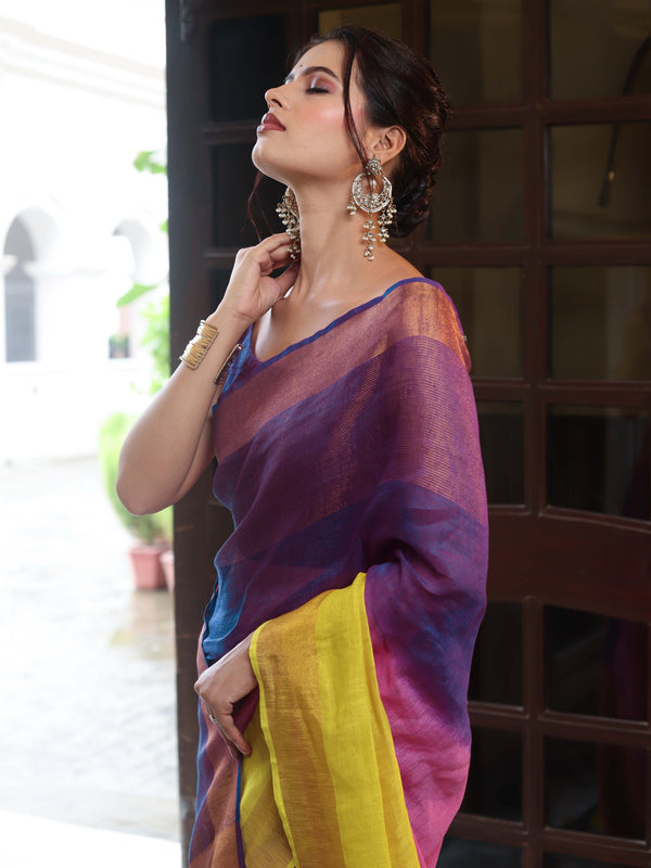 Banarasee Handloom Pure Linen Shine Saree-Multicolor