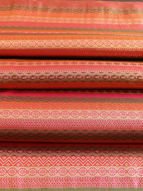 Banarasee Satin Brocade Stripes Design Fabric-Multicolor