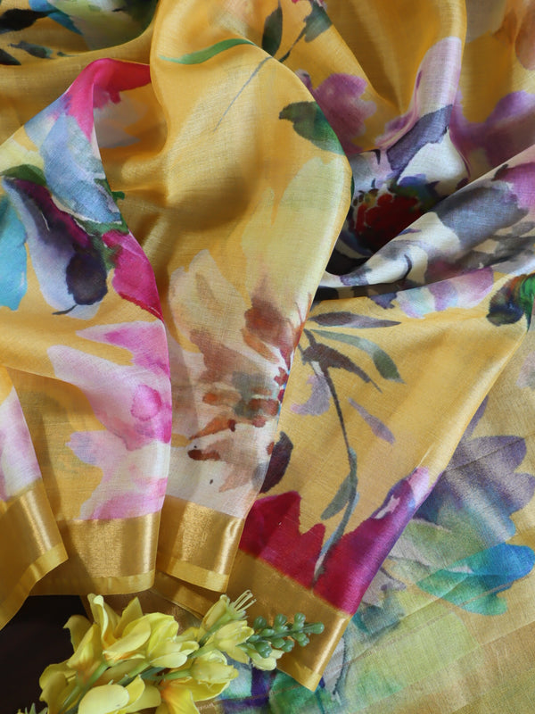 Banarasee Pure Tussar Silk Saree With Digital Print & Zari Border-Yellow