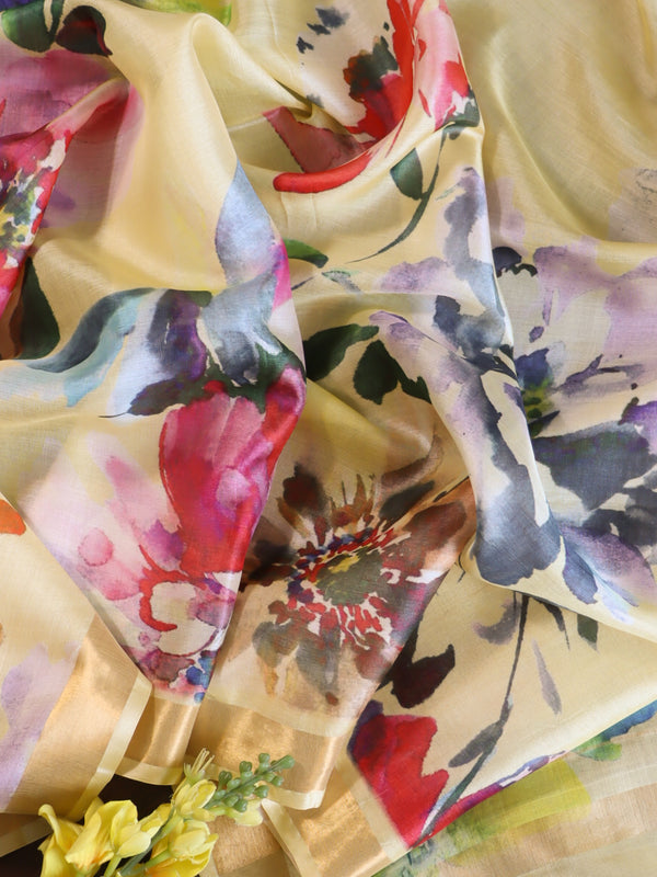 Banarasee Pure Tussar Silk Saree With Digital Print & Zari Border-Pastel Yellow