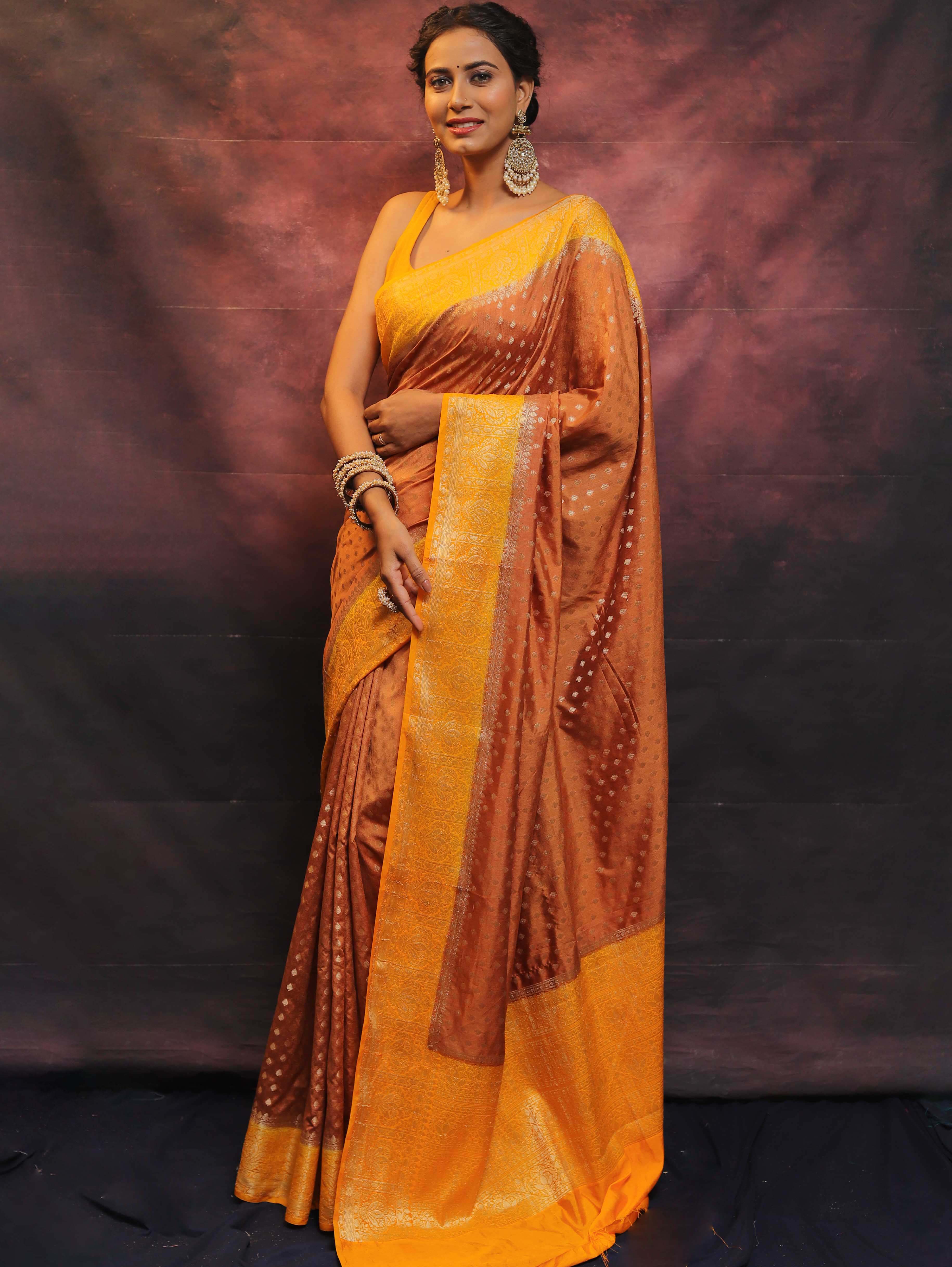 Banarasee Semi Silk Zari Buti Saree With Contrast Border-Brown & Yellow
