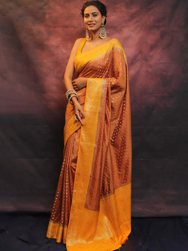 Banarasee Semi Silk Zari Buti Saree With Contrast Border-Brown & Yellow