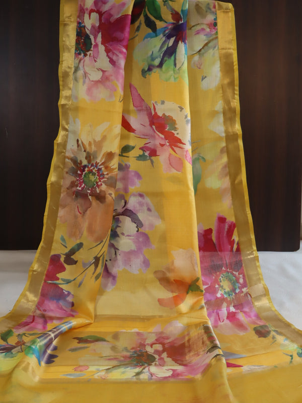 Banarasee Pure Tussar Silk Saree With Digital Print & Zari Border-Yellow