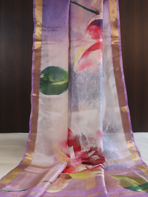 Banarasee Pure Tussar Silk Saree With Digital Print & Zari Border-Purple