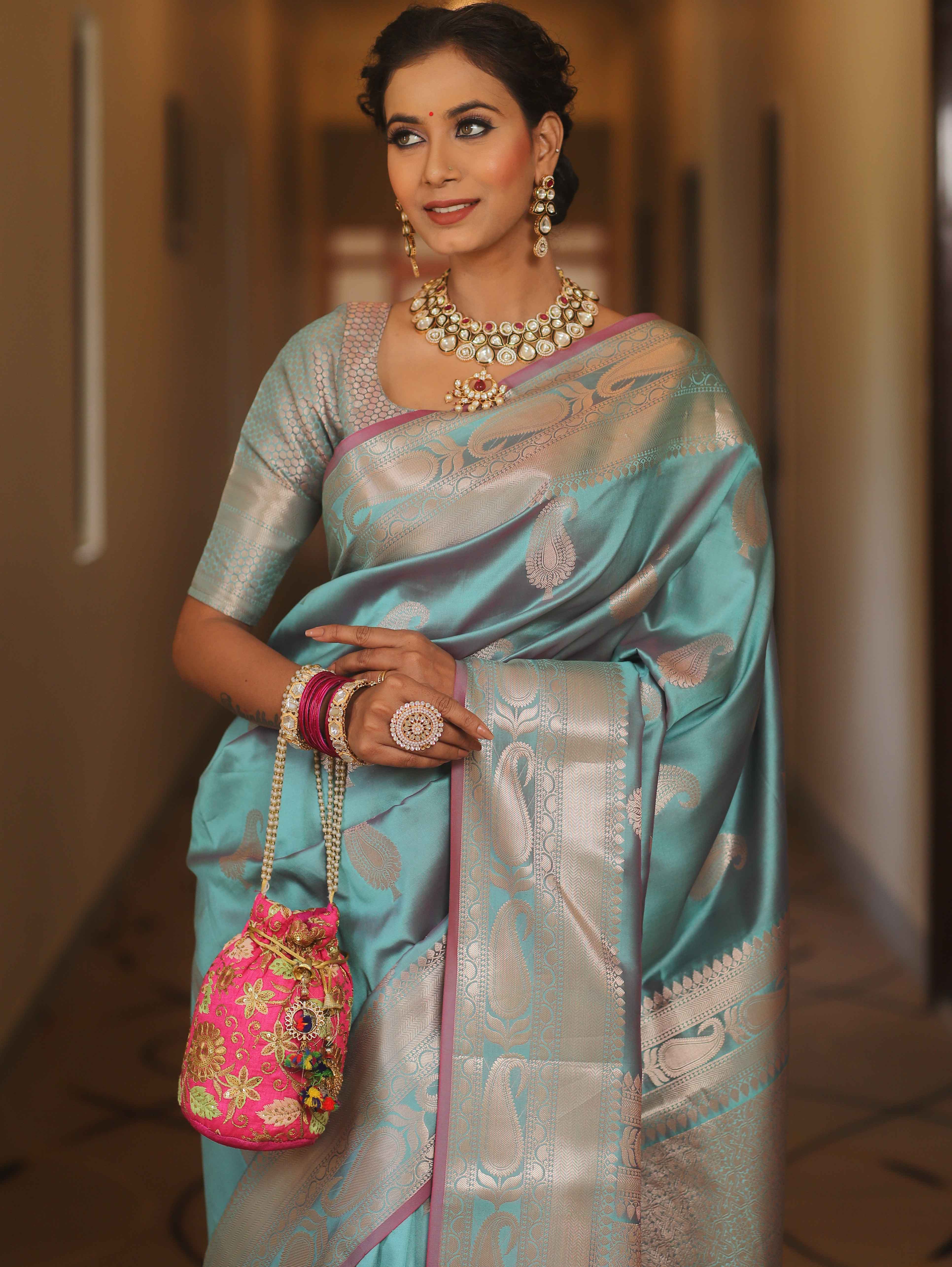 Banarasee Handwoven Dual Tone Semi Silk Saree With Zari Buti-Turquoise Green