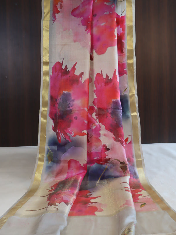 Banarasee Pure Tussar Silk Saree With Digital Print & Zari Border-Grey