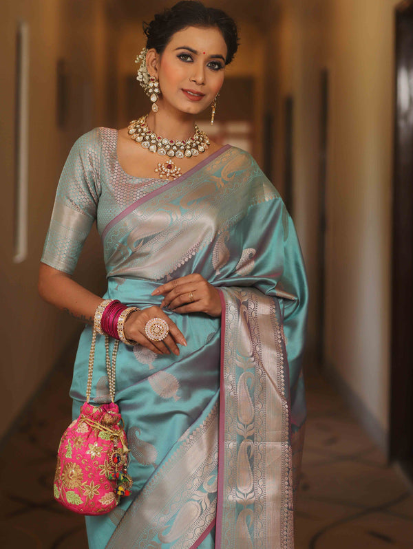 Banarasee Handwoven Dual Tone Semi Silk Saree With Zari Buti-Turquoise Green