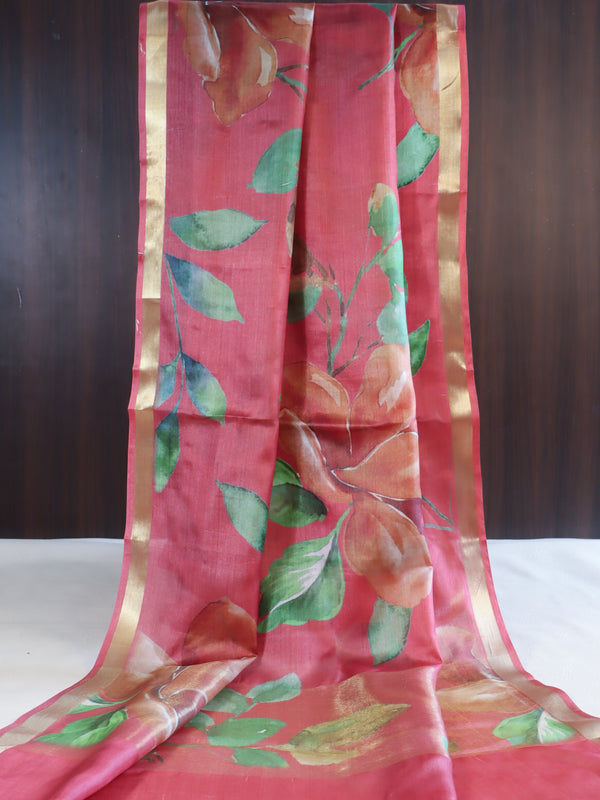 Banarasee Pure Tussar Silk Saree With Digital Print & Zari Border-Salmon Pink