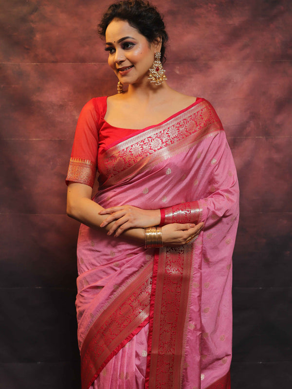 Banarasee Handwoven Semi-Chiffon Saree With Contrast Border & Gold Zari-Pink & Red