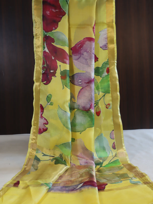 Banarasee Pure Tussar Silk Saree With Digital Print & Zari Border-Yellow