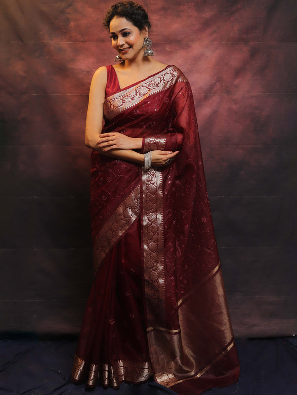 Banarasee Organza Floral Embroidery Sequin Work Saree-Maroon