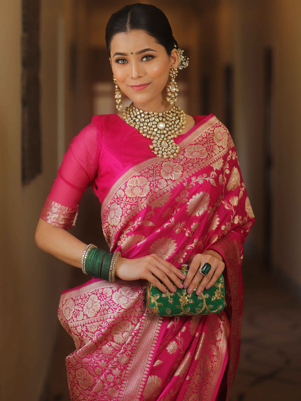 Banarasee Semi-Katan Zari Jaal Saree-Pink