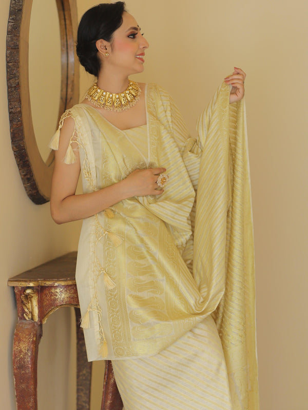 Banarasee Cotton Silk Zari Woven Salwar Kameez Dupatta Set-White