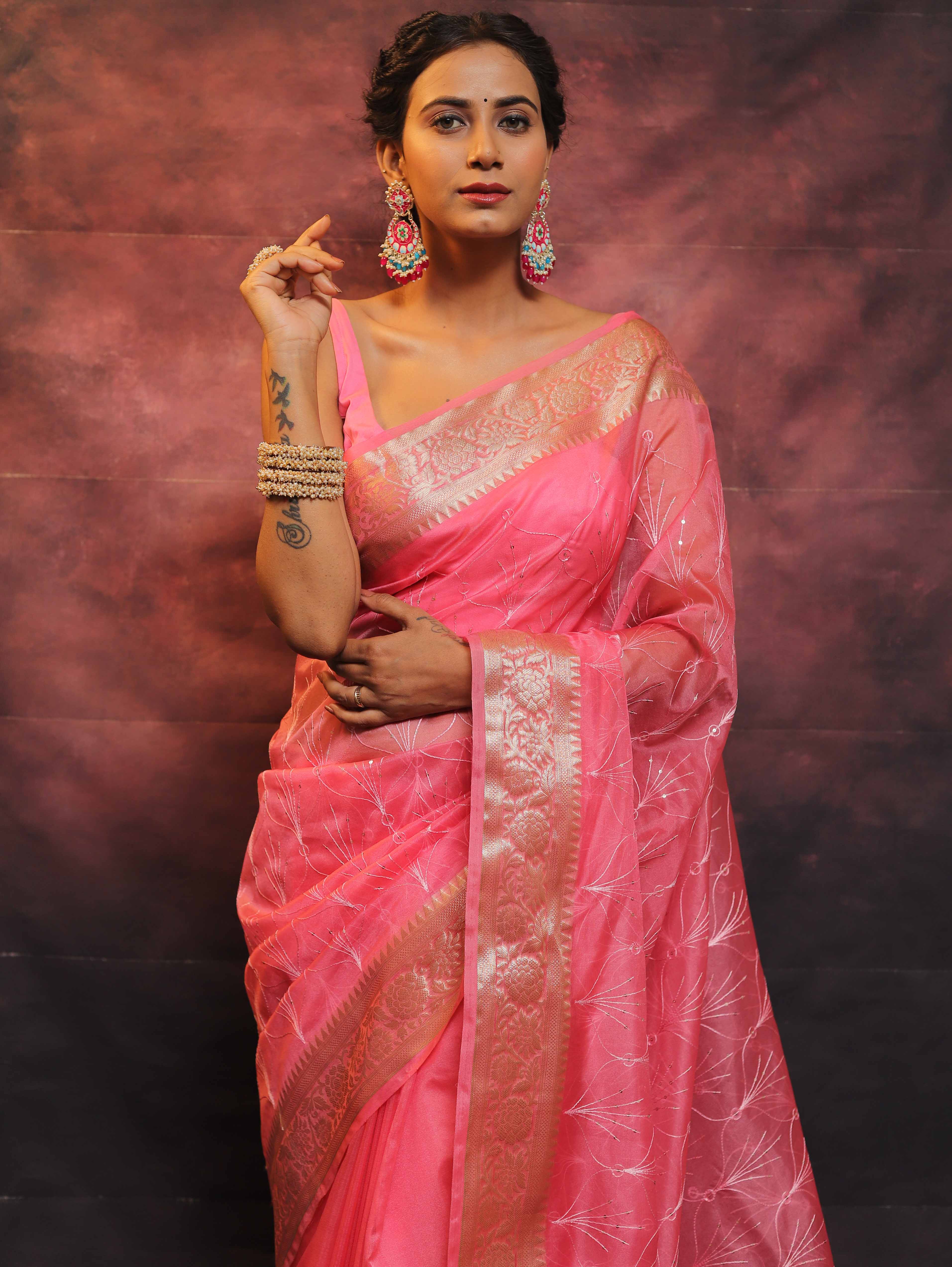 Banarasee Organza Floral Embroidery Sequin Work Saree-Baby Pink