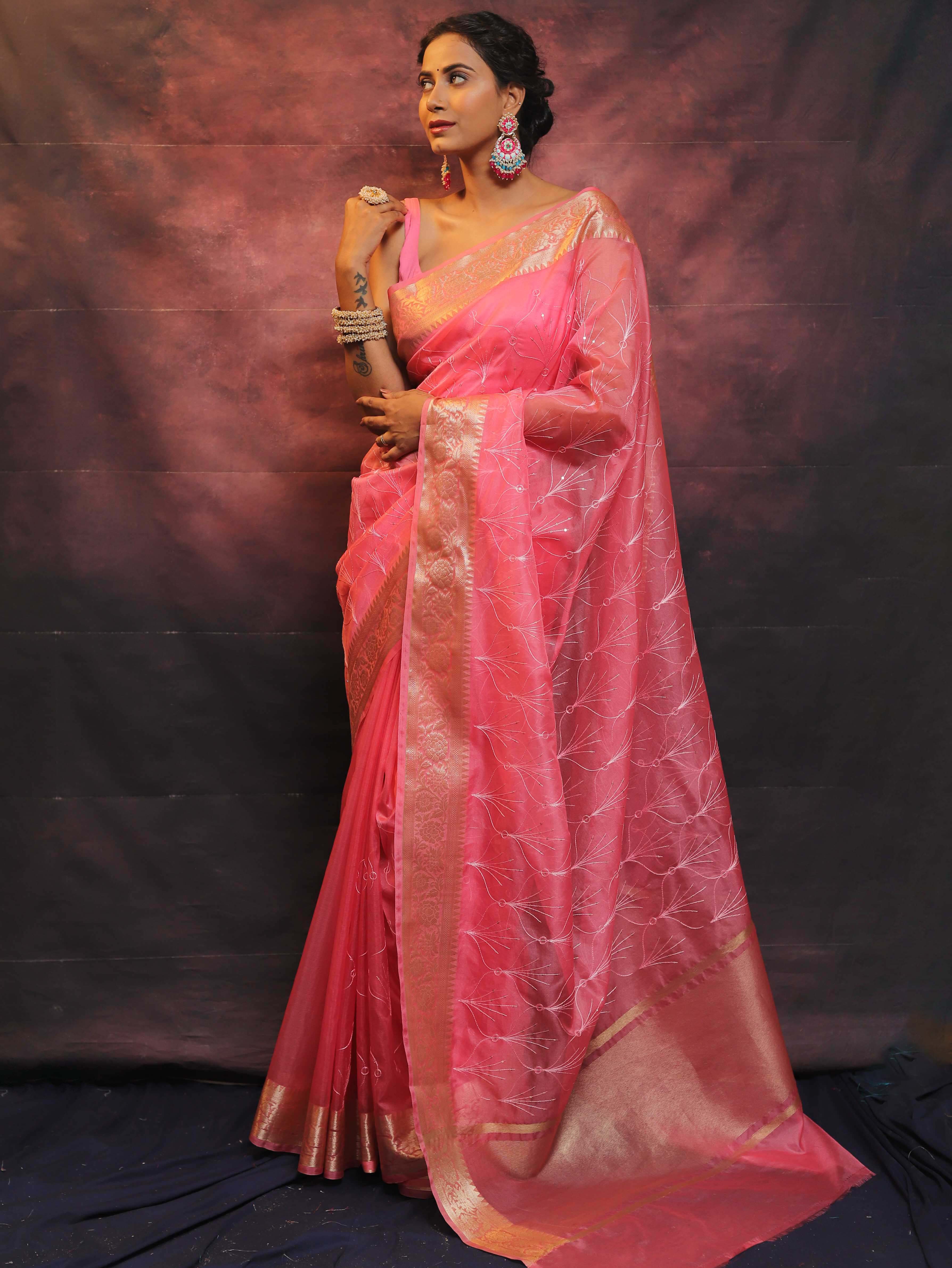 Banarasee Organza Floral Embroidery Sequin Work Saree-Baby Pink