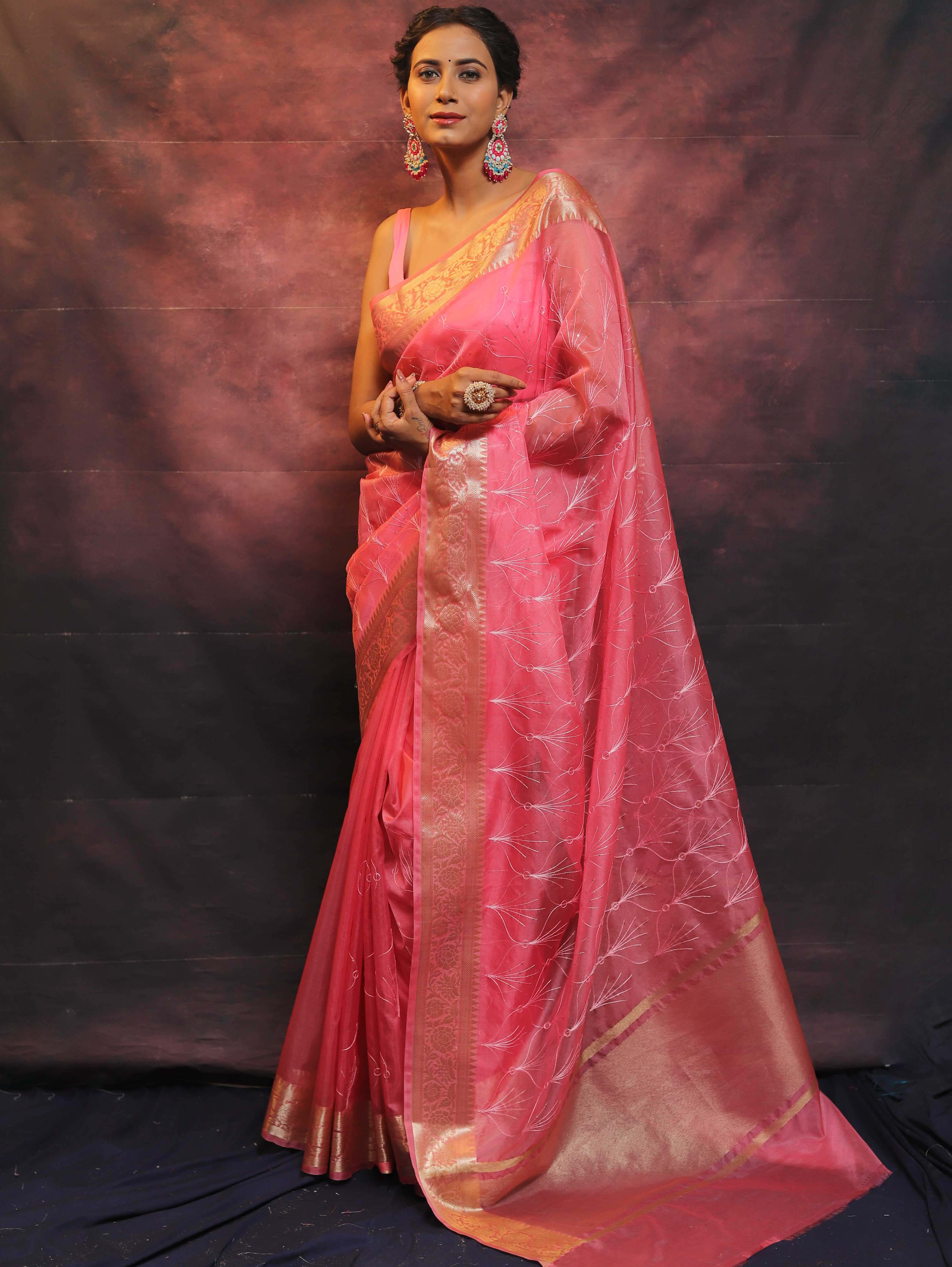 Banarasee Organza Floral Embroidery Sequin Work Saree-Baby Pink