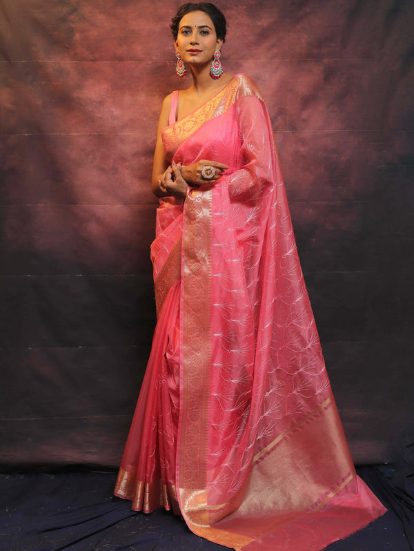 Banarasee Organza Floral Embroidery Sequin Work Saree-Baby Pink
