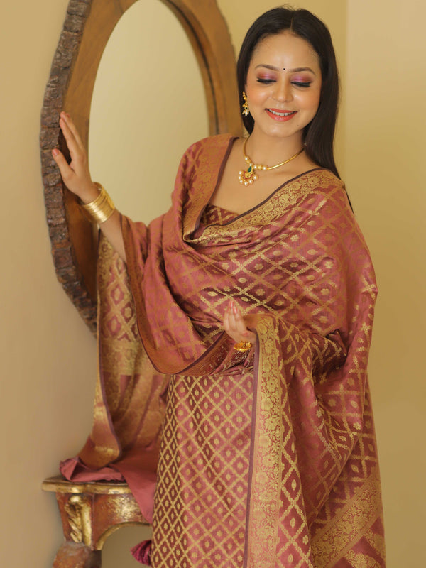 Banarasee Cotton Silk Zari Woven Salwar Kameez Dupatta Set-Rose Pink