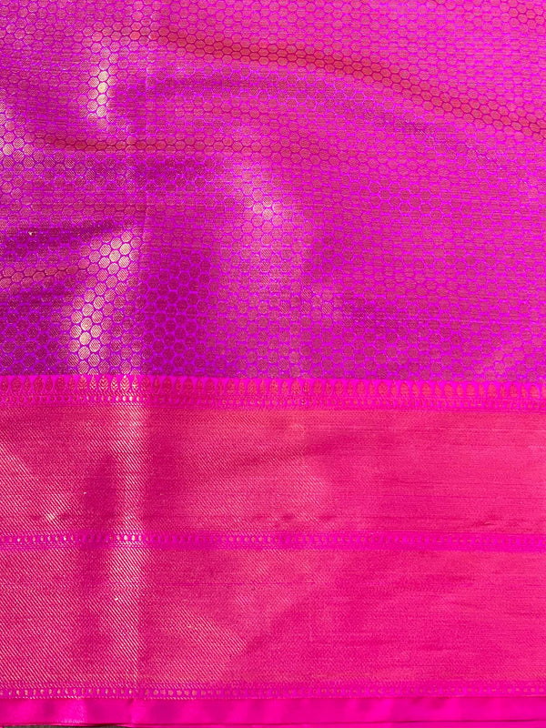 Banarasee Handwoven Broad Border Zari Jaal Design Tissue Saree-Blue & Pink