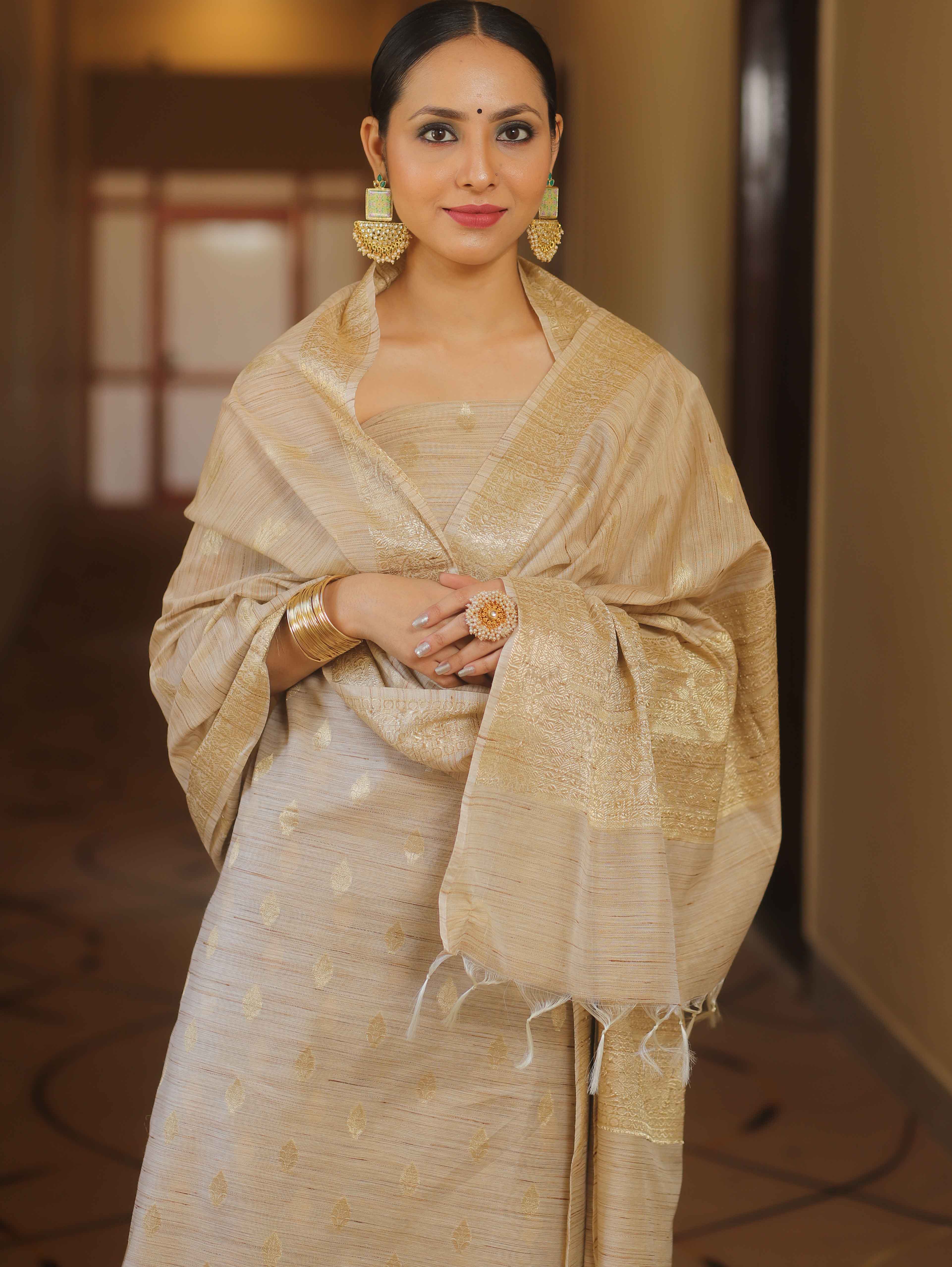 Banarasee Ghichha Cotton Salwar Kameez Fabric With Dupatta-Beige