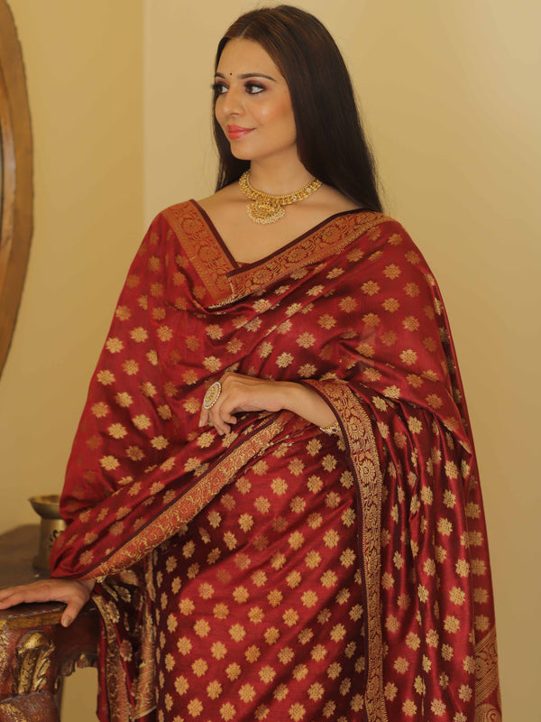 Banarasee Cotton Silk Zari Woven Salwar Kameez Dupatta Set-Maroon