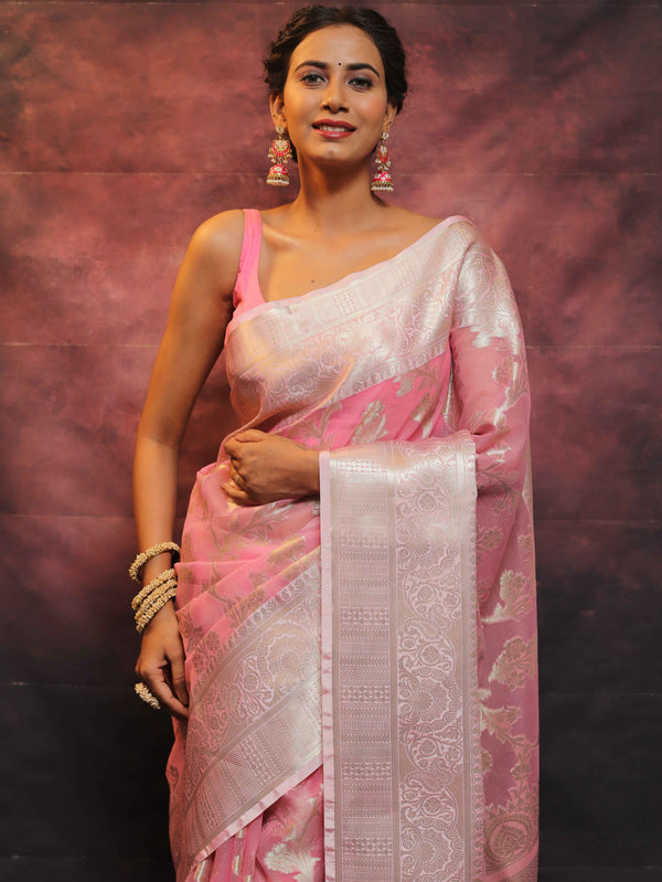 Banarasee Organza Mix Saree With Silver Zari Work-Pink