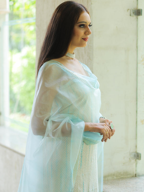 Banarasee Chanderi Cotton Zari Work Salwar Kameez With Dupatta-White & Blue