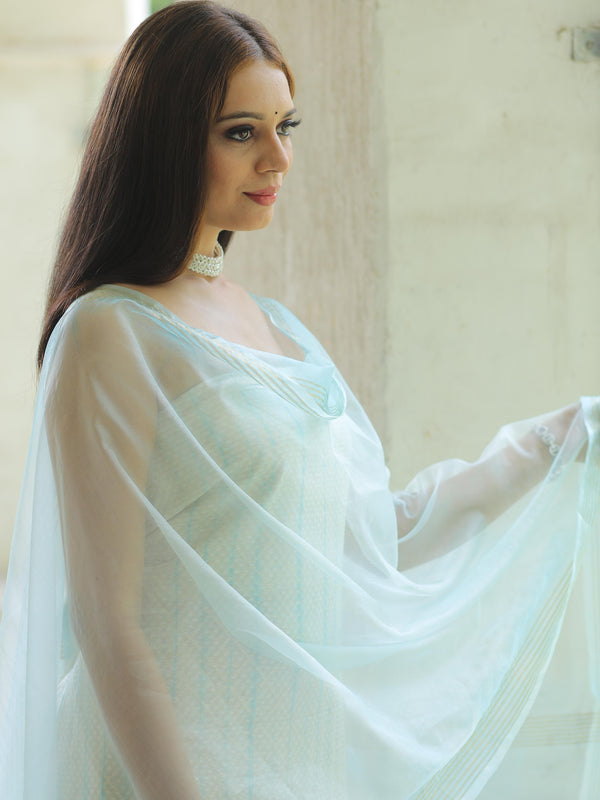 Banarasee Chanderi Cotton Zari Work Salwar Kameez With Dupatta-White & Blue