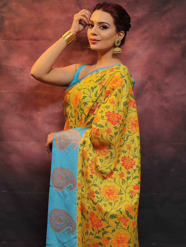Banarasee Kora Muslin Saree With Printed Floral Design-Yellow & Blue