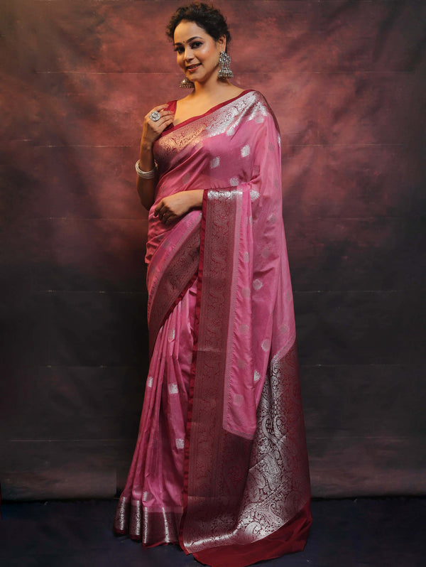 Banarasee Handwoven Semi-Chiffon Saree With Contrast Border & Silver Zari-Pink & Maroon