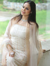 Banarasee Chanderi Cotton Zari Work Salwar Kameez With Dupatta-White & Brown